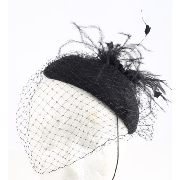 Vintage Black Cocktail Pillbox Fascinator Hat With Birdcage Veil & Feather main image 5